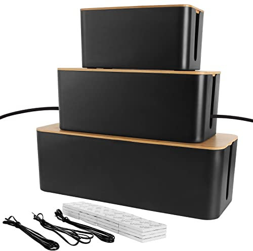 GOYADA 3 Stück Kabelbox Schwarz, 3 Größen Kabel-Organizer Box, Kabel Organizer Box Schwarz, Kabelmanagement Box Holz Deckel und 3 Kabelbindern