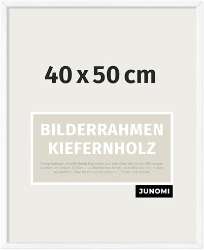 JUNOMI® Bilderrahmen 40x50 cm Holz | Farbe Weiß | Posterrahmen | Kiefernholz mit bruchsicherem Acrylglas, Profilbreite 1,3 cm, Hoch- und Querformat, aufhängefertig zum Wechseln