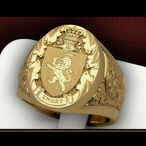 CUSIOALQQ Vintage Lion Shield Badge Ring 18K Yellow Gold Plated 925 Sterling Silver Hip Hop Ring Engraving Pattern Crown Ring Signet Ring Punk Style Gothic Totem Amulet Ring