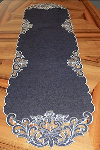 Tischdecke Mitteldecke Tischläufer Aufleger grau dunkelgrau anthrazit Filigrane Stickerei Blütenornamente (40 x 140 cm)
