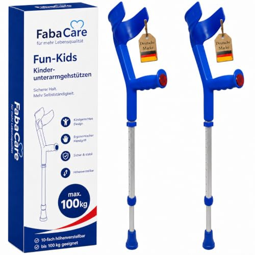 2x FabaCare Krücke für Kinder, Unterarmgehstütze, Gehhilfe höhenverstellbar, leichte Gehstütze, Kinderkrücke bis 100 kg, Blau