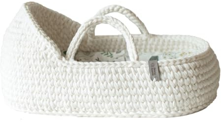 Doll bassinet with round hood Doll cradle Baby doll crib Baby doll furniture Boho doll bed Toy carrycot Crochet doll basket Pretend play (Beige + Bedding №2, With rocking stand)
