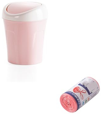 AISIBO Plastic Mini Desktop Trash Can with Trash Bags, Tiny Wastebasket Small Garbage Waste Bin with Swing Lid for Tabletop Table Office Kitchen Bedroom Bathroom (Pink)