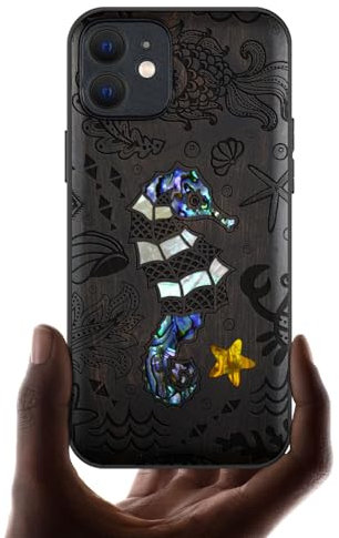 Carveit Bois Etui pour iPhone 12 Magnétique Coque, Incrustation de Coquille de Téléphone Compatible Magsafe avec Apple 12 Étui (Bois Sombre-Le Monde sous-Marin)