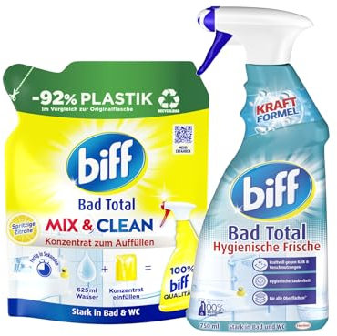 BIFF Bad Total-Set 1x Konzentrat Mix & Clean Spritzige Zitrone (1x 125ml) & 1x Hygienische Frische Badreiniger, Sprühflasche (1x 750ml), Bad Reiniger gegen Kalk & Schmutz