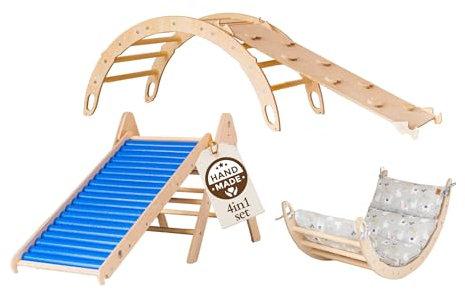 WoodsCraft 4in1 Set: Kletterdreieck mit Rutsche Indoor/Klettern Rampe, Rollenrutsche & Kletterbogen | Holz Montessori Klettergerüst Indoor Spielgeräte | Klettern Kinder Indoor & Klettern Baby