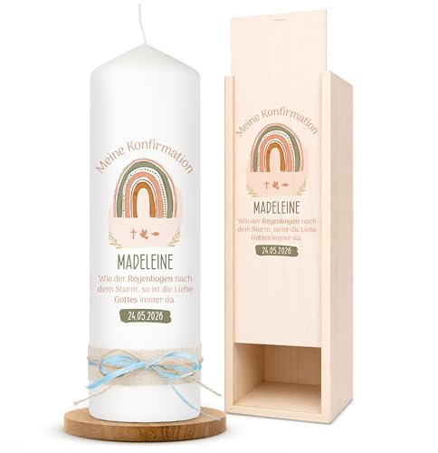 AMARI ® Konfirmationskerze personalisiert Regenbogenliebe 25/8 cm- Kerze Konfirmation - Konfirmationskerze mit Namen und Datum - Konfirmation Kerze personalisiert Mädchen Junge