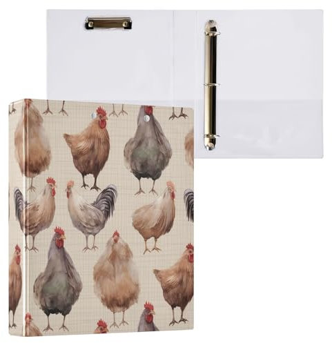 Vintage Chicken 3,8 cm Ordner mit 3 Ringen, langlebige Basisordner mit rutschfestem Metallclip, runder Ringbuch für Schulbedarf, 1 Packung