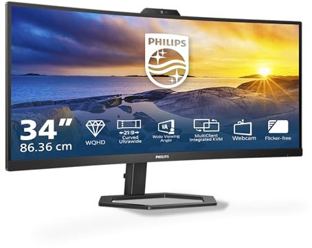 PHILIPS 34E1C5600AM - 34 Zoll WQHD Curved Monitor, Webcam, höhenverstellbar, Speaker (3440x1440, 100Hz, HDMI, DisplayPort, USB-C, USB Hub) schwarz