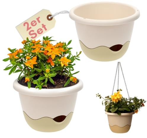 GarPet 2er Set Blumenampel Außen Hängetopf für Pflanzen Hängender Blumentopf Hängepflanzen Topf Hängeampel mit Kette und Wasserspeicher Hängeblumentopf Elfenbein 30 cm