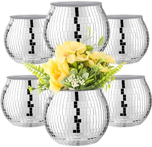 6 jarrones de bola de discoteca para centros de mesa, decoración de bolas de discoteca, jarrón de flores con cristal de espejo plateado para bodas, cumpleaños, fiestas (4 x 4.7 pulgadas)