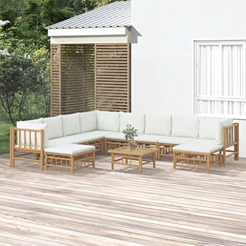 KATERYY 11-TLG. Garten-Lounge-Set mit Cremeweißen Kissen Bambus,Elegantes und modulares BambusLoungeSet mit bequemem Sitzkomfort für Terrasse und Garten