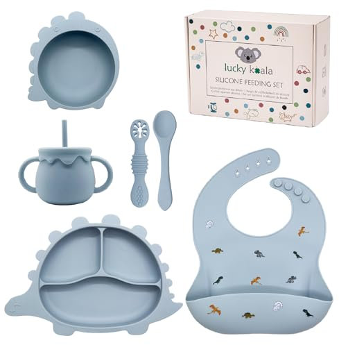 Lucky Koala® Silikon Baby Geschirrset mit Saugnapf I Baby Teller, Schüssel, Design Lätzchen, Esslernlöffel, Löffel, Becher I Lebensmittelqualität I Baby Erstausstattung Geschenk I BPA-frei