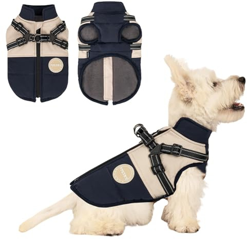 BT Bear Hunde-Wintermantel mit Geschirr für kleine Hunde und mittelgroße Hunde, Winterjacke, Outdoor, wasserdicht, verstellbare Weste, warme Kleidung, Marineblau, Größe XXL