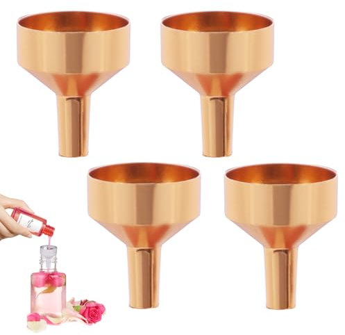 Lollanda 4Pcs Hip Flask Funnels Aluminum, Small Funnels Metal, Mini Funnel for Filling Bottles Containers, Filling Funnel for Perfume Essential Oils Kitchen Use (Gold, 4Pcs)
