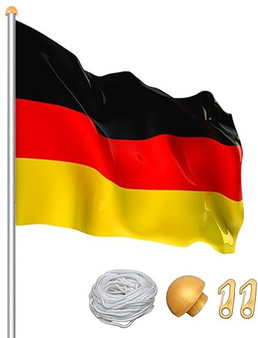 Eulenke Mástil de aluminio de 6,5 m, incluye 150 x 90 cm bandera de Alemania, manguito de suelo, cuerda de tracción, tapa de cierre, para festivales, jardín, casa, hogar y fines comerciales