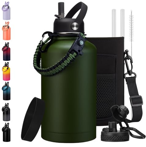 Borraccia tattica da 1,8 litri, con cinghia, isolata, per 48 ore, in acciaio inox, stile militare, con beccuccio, borsa per il trasporto, ideale per caccia, sopravvivenza, escursionismo, campeggio