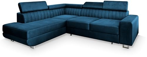 Masseno Ecksofa NOLA L-S mit Schlaffunktion L-Form, Klassisch Sofa mit Bettkasten, Wohnzimmersofa, Couch, Soffa, Bettsofa, Couchgarnitur - Blau, Monolith 77