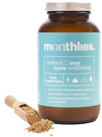 Monthlies Ergänzungsmittel für Frauen zur Unterstützung von PMS und Periodenschmerzen 222g | Unterstützt hormonelles Gleichgewicht-Unterstützt bei Krämpfen und Blähungen, 30 Tage Vorrat Veganes Pulver