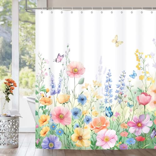 Dazzlewall Tenda da Doccia Floreale, Fiori Primavera Farfalle Tenda per Doccia da Bagno Impermeabile 180x180cm, Antimuffa Tessuto Poliestere con 12 Ganci