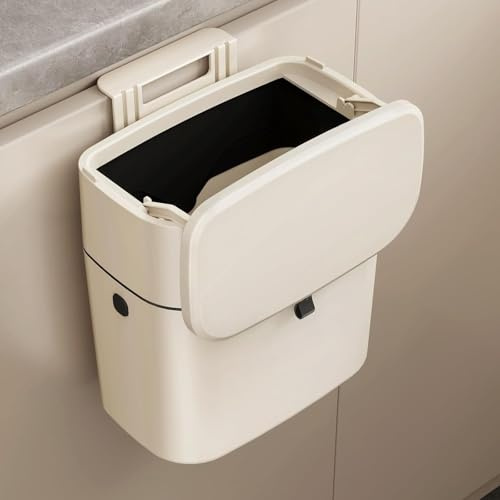 Mustorn Mülleimer Hängend Küche, 9-Liter Abfalleimer Küche mit Deckel Küchenabfalleimer Wandmontage Klein Mülleimer Küchen mit Haken, Geruchsdicht(Weiß)