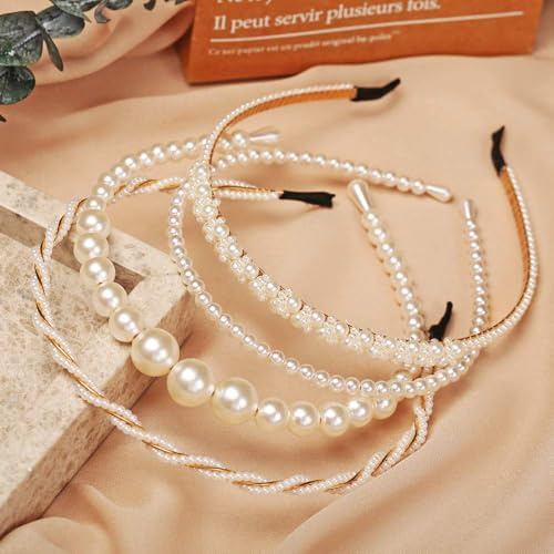 Cerchietto da donna, 4 pezzi, elegante imitazione bianca, per feste di matrimonio, diadea di perle bianche, per fasce da donna e feste di compleanno