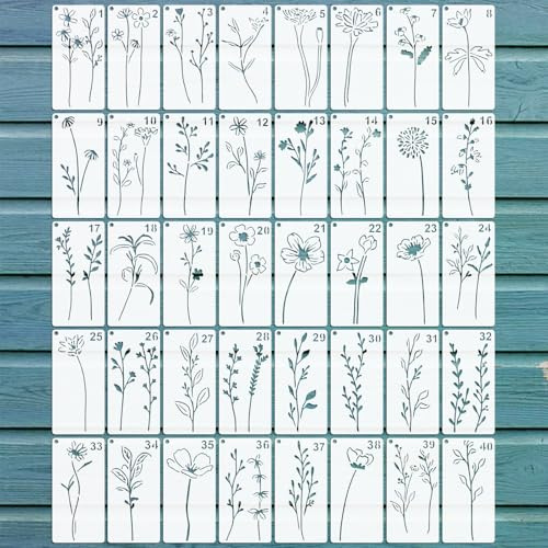 EAPIKON 40stk Blätter Blumen Schablone Malen, 7,6x15,2cm Wiederverwendbar Zeichenschablonen für Acryl-Malerei Art Deko, Blatt Brandmalerei Vorlagen für Holz Wände Leinwand Möbel DIY-Bastelprojekte