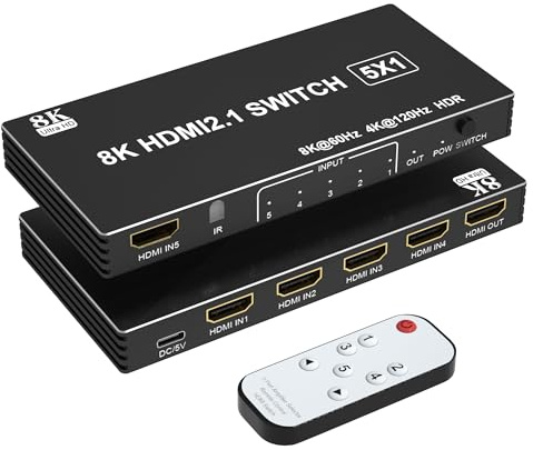 8K HDMI Switch 4K 120Hz - 5 in 1 Out HDMI Splitter Switcher 8K@60Hz 4K@120Hz mit Remote 3D HDR10+ HDCP 2.3 CEC, Verwendung für PS5/4/3 Xbox DVD Player Fire Stick Roku TV PC Nintendo Switch
