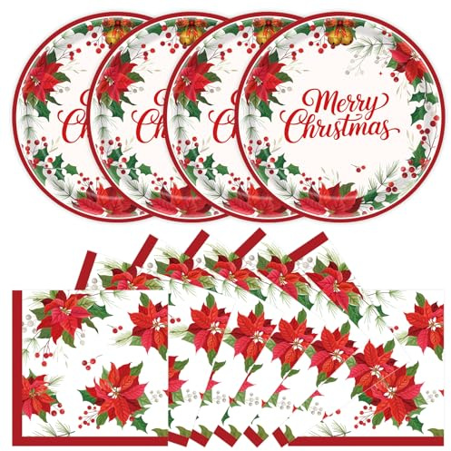 40 Pcs Christmas Paper Plates and Napkins Party Supplies, Holiday Poinsettia Holly Disposable Dinner Plates and Napkins Tableware Set for Winter Merry Christmas Party Decorations