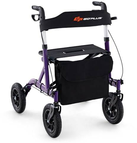 GOPLUS Déambulateur Réglable Hauteur, Déambulateur Pliable avec Siège, Roue Pneumatique Tout Terrain de 24 cm, Sac de Rangement, Capacité de Poids de 160 kg, Déambulateur Léger pour Seniors (Violet)