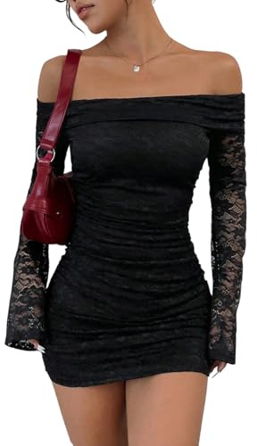 SweatyRocks Spitzenkleid Damen Langarm Gothic Kleid Off Shoulder Minikleid Sexy Partykleid Mit Spitze Cocktailkleid Schulterfreies Kleid Festival Outfit Schwarz S
