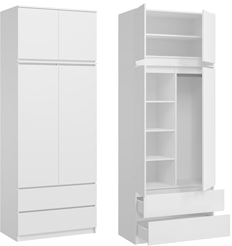 KUBUTKU - Grande armadio, con 4 ante, 2 cassetti, 6 ripiani e appendiabiti, armadio multiuso, guardaroba 235 x 90 x 50,5 cm, colore: bianco