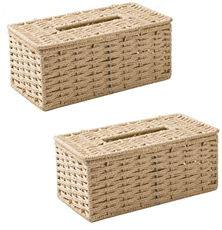 IMCCZONY 2X Caja de PañUelos de RatáN, Servilletero Vintage, Cubierta de Contenedor de Almacenamiento de Desorden de Caja, DecoracióN de Escritorio de Sala de Estar (Beige)