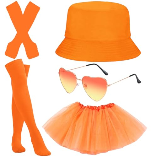 Apero Spritz Kostüm 5 Stück,Orange Fischerhut Anglerhut Retro Brillen in Herzform Apero Party Hut,Tüllrock Oranges Damen Kniestrümpfe Lange Fingerlose Handschuhe Dance Dress Up Party Zubehör