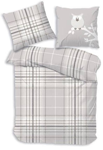 LINKHOFF Kinderbettwäsche 135x200 80x80 2tlg - Eulenmotiv Kariert für Mädchen und Jungen - Biber Bettwäsche Creme Sand aus 100% Baumwolle - Winterbettwäsche schlicht Bettwäsche-Eule