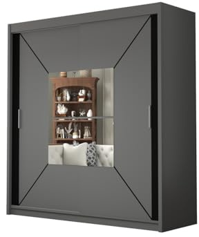 DELUXEWARE 2 Door Sliding Door Bedroom Wardrobe with Sleek Matt Finish – Strong MDF Board Wardrobe with Mirror, Hanging Rail, Adjustable Shelves & Handles for Bedroom Furniture (Gray, 180cm)