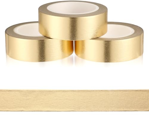 3 rollos de cinta adhesiva metálica dorada autoadhesiva, de baja adherencia, color metálico brillante para manualidades, álbumes de recortes y decoración de pared, 1,5 cm x 32 pies