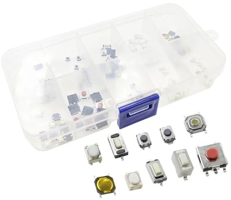 Kit de 100 pulsadores táctiles con 10 modelos: 3 x 4 x 2 mm, 3 x 6 x 4,3 mm, 2 pines, 3 x 6 x 2,5 mm, 4 x 4 x 1, SMD, 4 pies