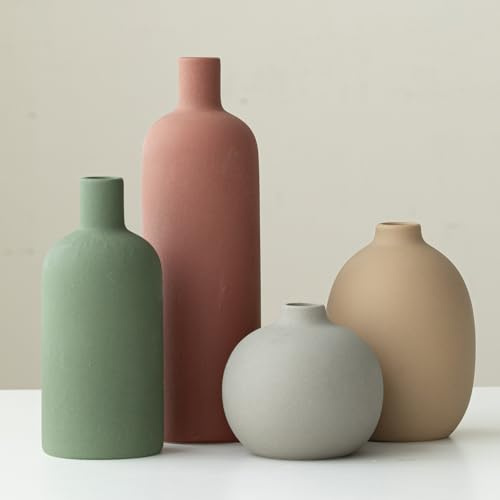 Set di vasi decorativi in ceramica, 4 pezzi in tonalità neutre, design moderno bohémien per soggiorno, ingresso, mensola del caminetto (mix verde)