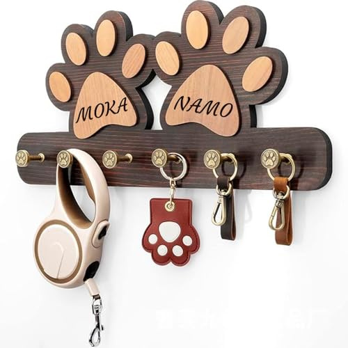 miguha Personalisierter Hundeleinen-Aufbewahrungsständer Aus Holz, Personalisierte Pfotenhaken, Hundeleinen-Aufbewahrungshalsbandhaken, Hundenamensschilder-Zubehör, Haustiergeschenke(Black)
