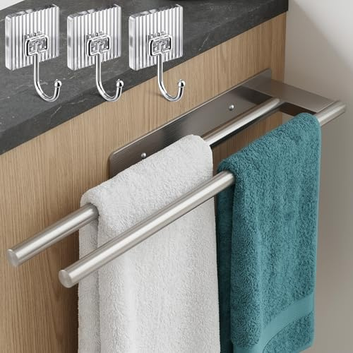 toalleros de baño sin Taladro Doble Barra de Acero Inoxidable 39cm + 3 Ganchos Adhesivos | toallero Adhesivo baño con Opcion a Tornillos | Colgador Toalla baño