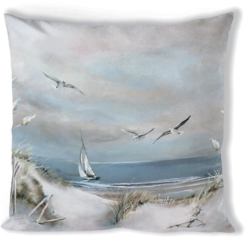 Ambiente Kissenbezug 40x40cm Baumwolle mit Möwen und Küsten Motiv - Deko Kissenhülle mit Reißverschluss - Überzug für Dekokissen Zierkissen Sofakissen - Kissen Bezug Maritime Weiß Blau