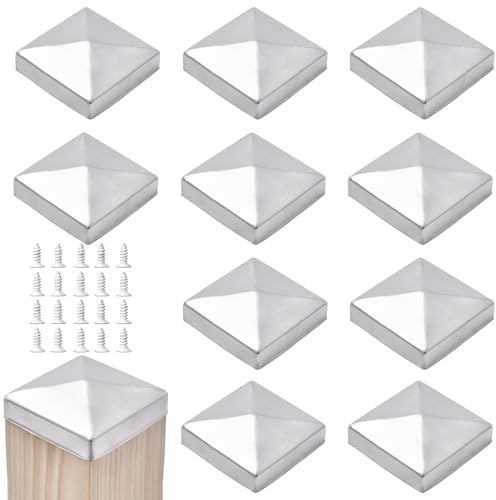 10x Pfostenkappe Edelstahl Pfostenabdeckung Zaunkappen, 10x10cm | Abdeckkappen für Holzpfosten, Rostfreie Edelstahl-Kappen mit Schrauben für Garten und Terrassenpfosten, Schutz vor Nässe