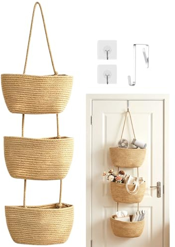 Mbuaopa Over the Door Hanging Basket, 3-Tier Cotton Rope Woven Storage Basket with Hook, Decorative Hanging Baskets for Bedroom, Bathroom, Kitchen, Office, Nursery, Beige, Brown