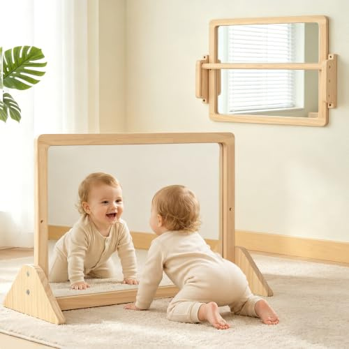 Brezlio Montessori Spiegel mit Stange – Höhenverstellbarer Baby Spiegel aus Holz für Aufrichten & Laufen Lernen – Sicherer Wandspiegel mit Anti-Dreh-Stange für Kleinkinder 6–18 Monate (60 * 40)