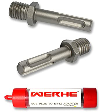 WERHE SDS-Plus auf M14 Adapter, Stahl, für Drahtbürsten und Schleifteller | Hochwertig verarbeitet, kompatibel mit Bohrhämmern, ideal für Entrosten, Schleifen, Polieren, inkl. Schutzhülle
