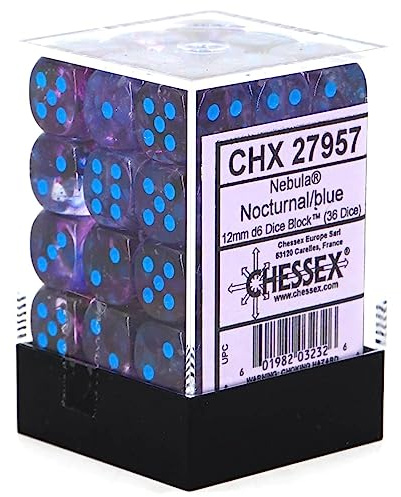 Chessex Nebula 12mm d6 Nocturnal/Blue w/Luminary Dice Block (36 dice)
