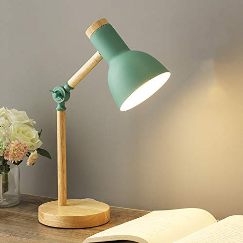 QJUZO Table Lamp Bedroom, Bedside Lamp Modern Design Wood and Metal Desk Lamp Eye Protection Reading Lamp E27 Night Light Adjustable for Living Room Office Children's Room Lighting,Green