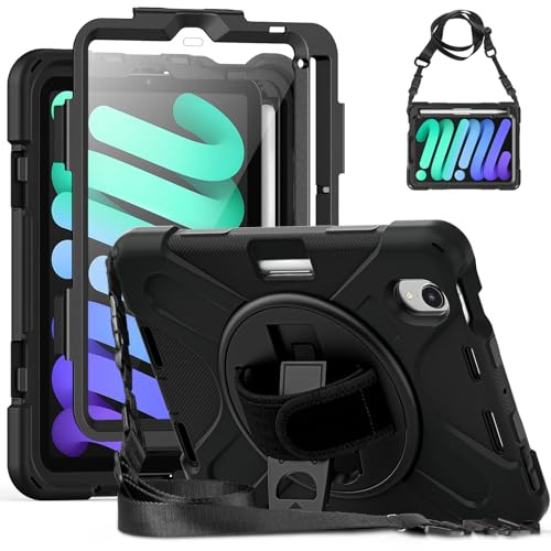 Gerutek Hülle für iPad mini 7 (A17 Pro) /Mini 6 8,3 2024/2021, Schwarz | Stoßfeste Hülle mit 360° Drehbar Stände/Handschlaufe, Schultergurt Stifthalter, Rundumschutz Case für Arbeit/Outdoor/Drinnen