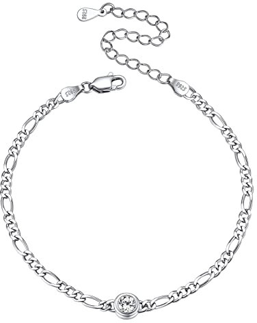 ChicSilver Silber Armband für Damen, 925 Figarokette Armkette mit Diamant Geburtsstein, Boho Armschmuck mit Geburtsstein für Strand, Schmuck für Frauen Mädchen